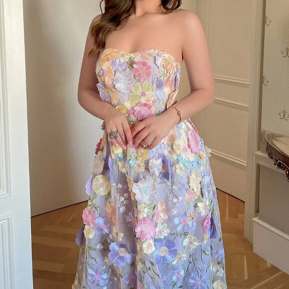 Mauve Purple Elegant Women's Embroidered Tulle Waist Cinching Sleeveless Dress - Picture 4 of 6